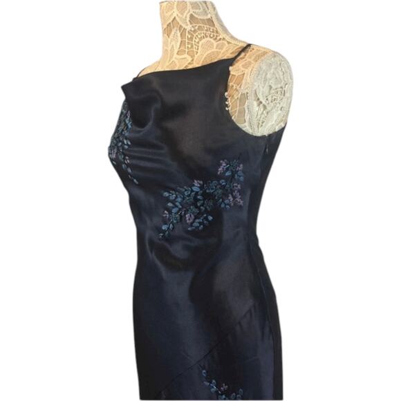 Y2K Alex Evenings navy beaded slip cowl neck floral satin formal Gown small - Picture 5 of 16